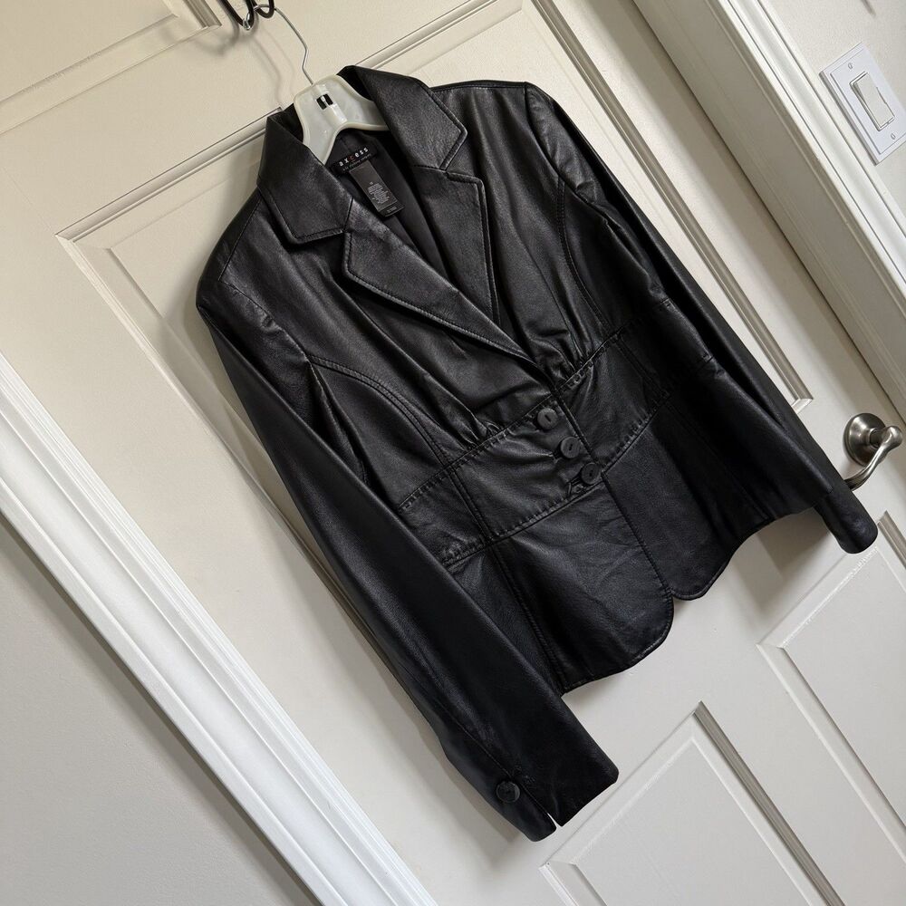 Axcess Black Leather Button-Front Collared Lined Blazer Jacket Women’s 10